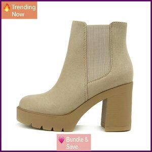 Lug Sole Chelsea Ankle Boots with 3.5" Heel, Stretch Elastic Panels